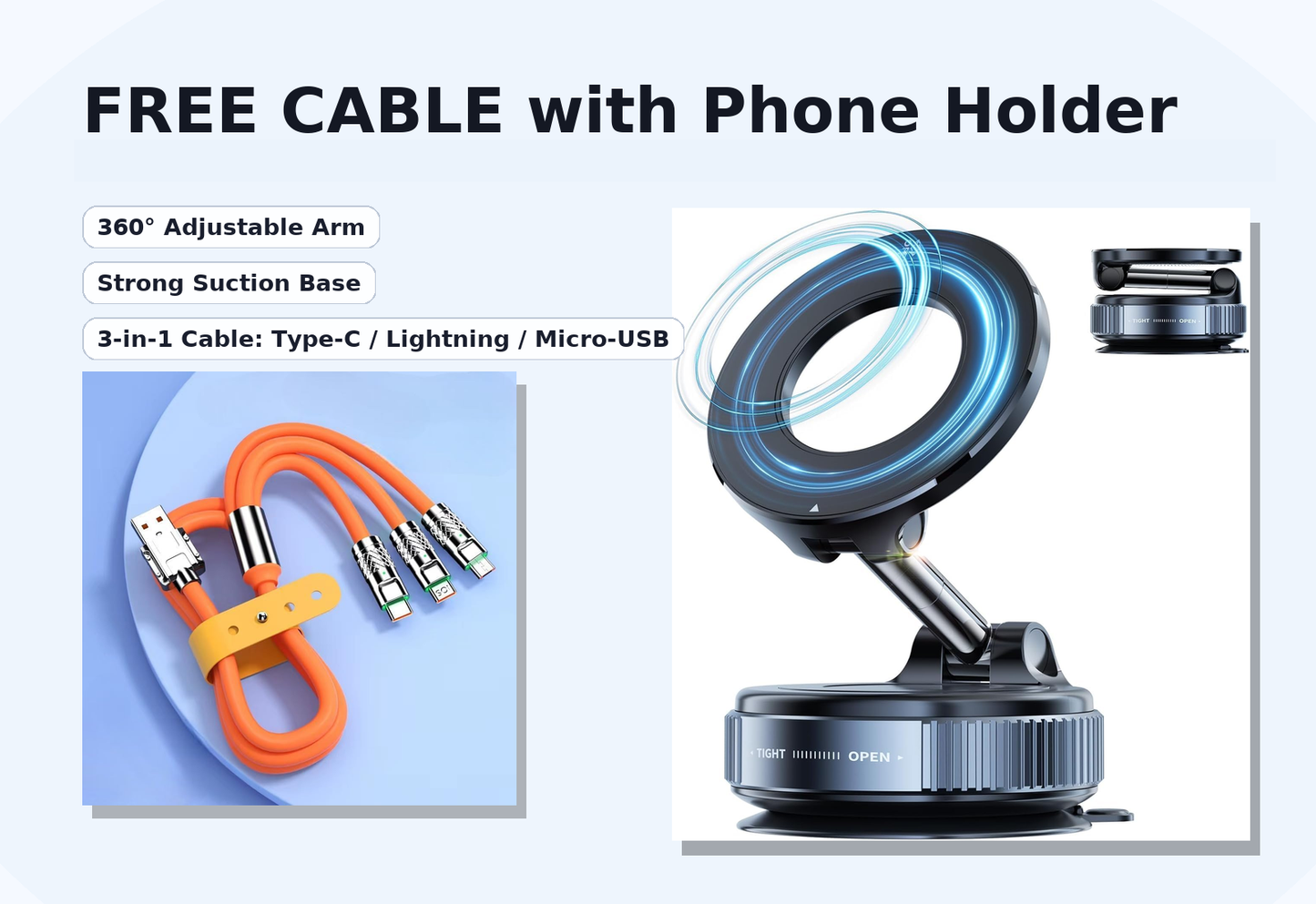 360° Vacuum Magnetic Phones Holder - Free (349/-) 3-in-1 Speed Charging Cable