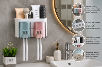 Double Cup Wall Mounted Toothbrush Organizer