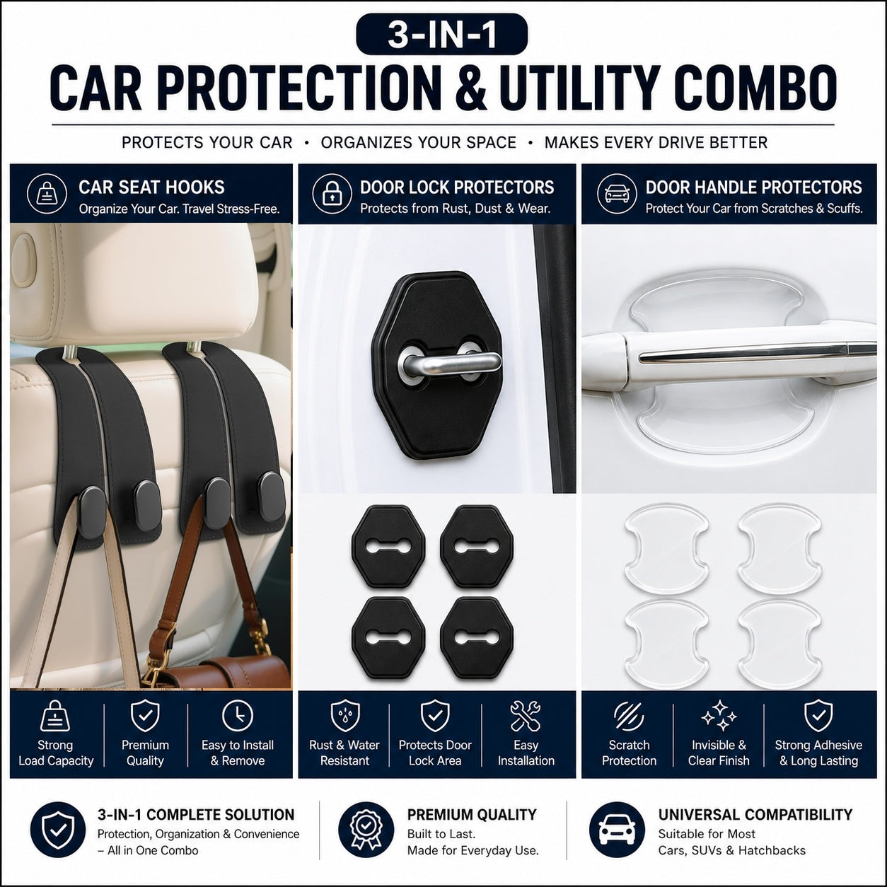 3-in-1 Car Protection & Utility Combo - Premium Car Kit