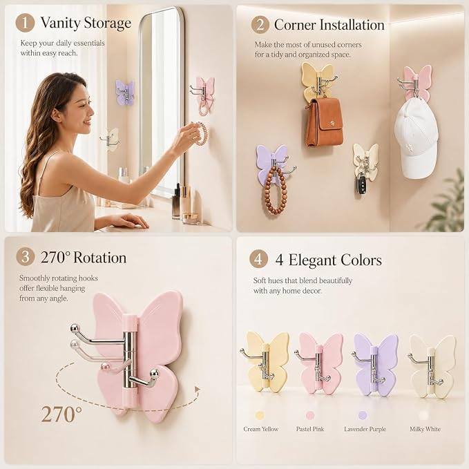 Premium Butterfly Adhesive Wall Hooks -180°Rotating