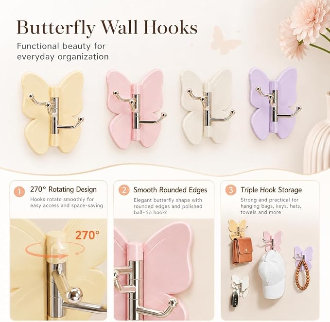 Premium Butterfly Adhesive Wall Hooks -180°Rotating