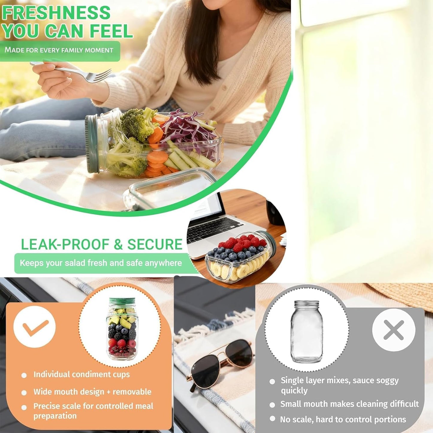 Leak Proof Salad Jar with Side Opening & Lid (G)