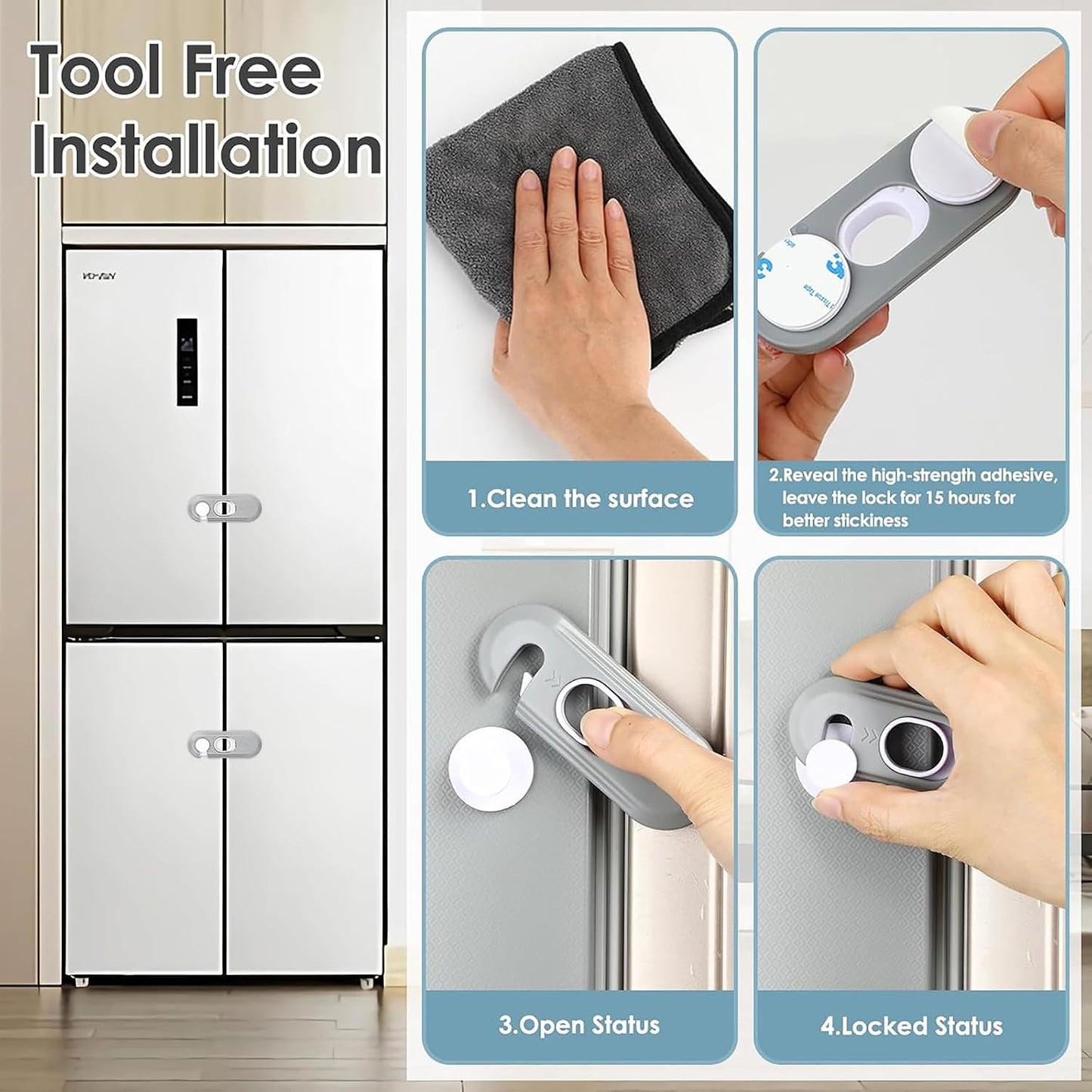 Child Safety Lock for Refrigerator Cabinet & Cupboard - Adhesive Baby Proof Lock