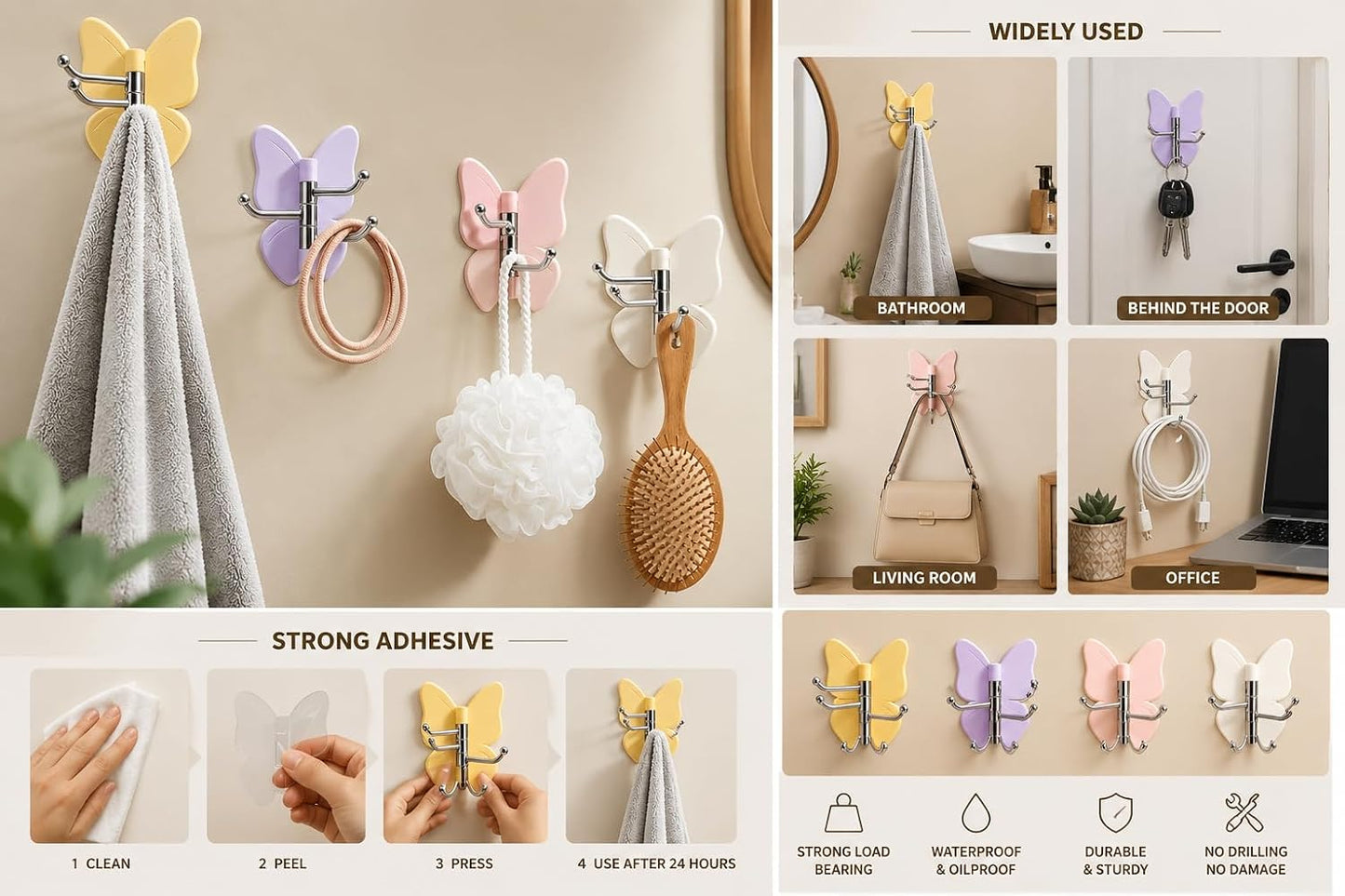 Premium Butterfly Adhesive Wall Hooks -180°Rotating