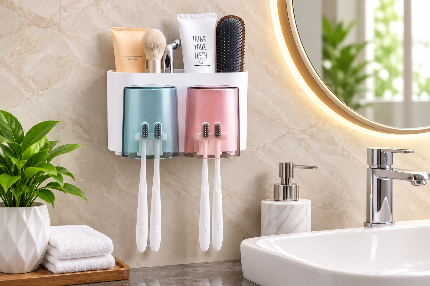 Double Cup Wall Mounted Toothbrush Organizer