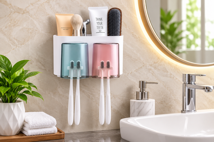 Double Cup Wall Mounted Toothbrush Organizer