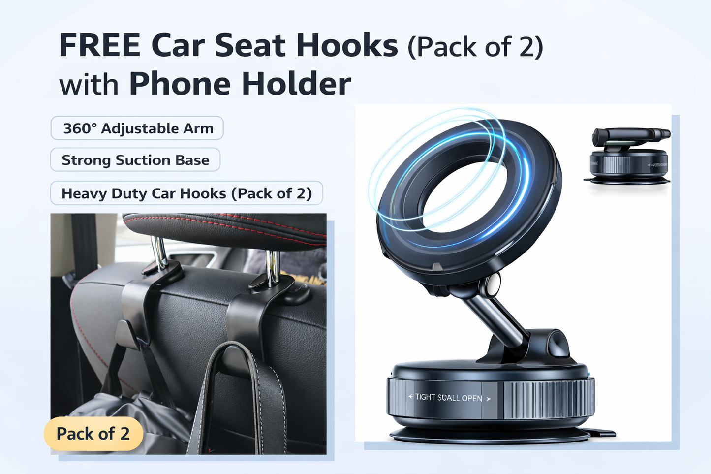 360° Vacuum Magnetic Phones Holder - Free (349/-) 2 Car Seat Hook Hanger